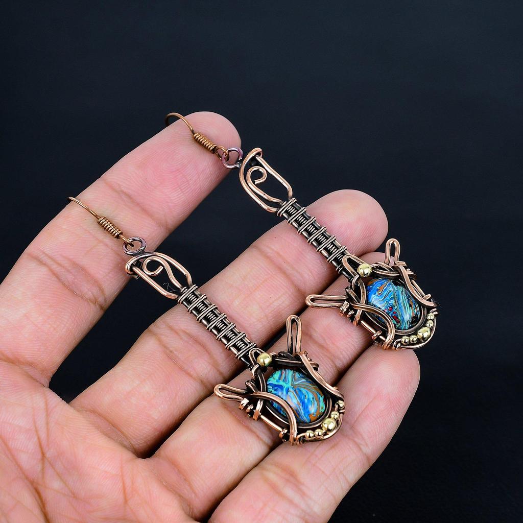 Rainbow Calsilika 999 Copper Wire Wrapped Earrings, Handmade Gemstone Jewelry Earrings For Memorial Day