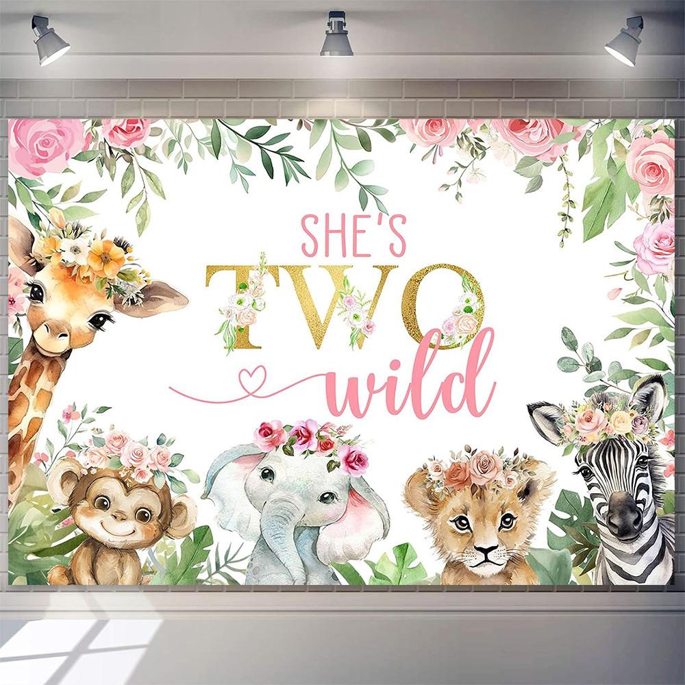 Pink floral animal theme including giraffe elephant lion zebra and young people with flower crowns 180X110