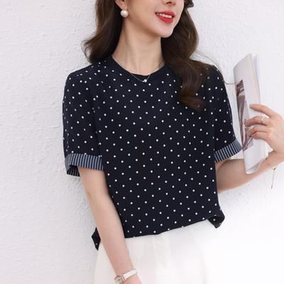 Fashion Heavy Silk Top Women's Short-sleeved  Wear New Mulberry Silk Polka Dot Loose T-shirt