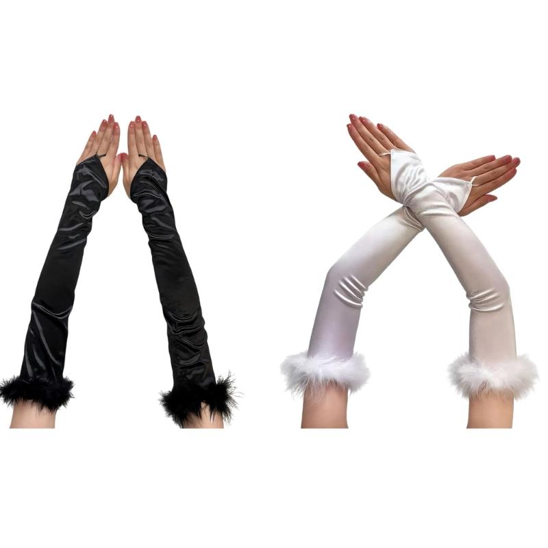 Feathered Chain Formal Evening Gloves Flexible Cotton Stretch Fabric Traditional Black White Stage Gloves