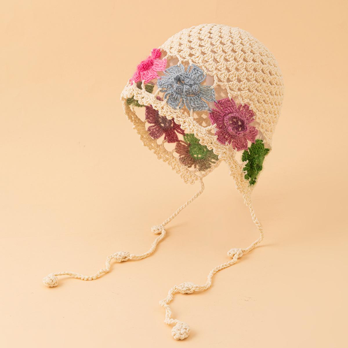 Handmade Crochet Beanie Women Artistic Retro Ethnic-Style Knitted Cap Spring Autumn Summer Hollow-Out Tassel Cotton белый