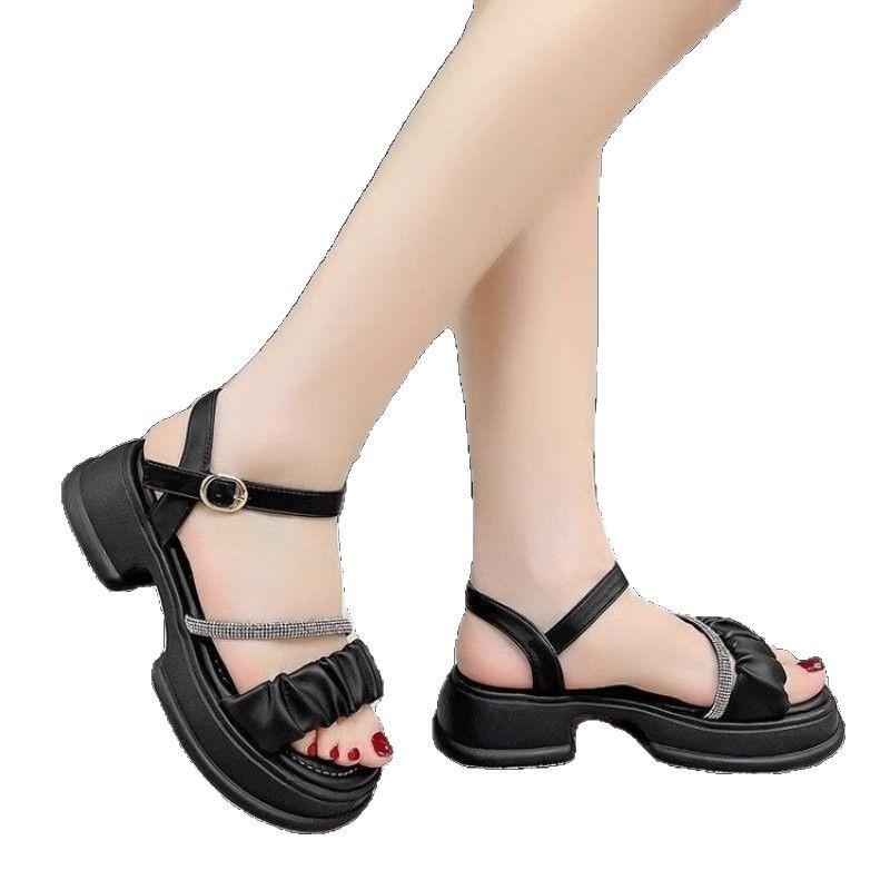 New leather one-word buckle summer sweet fashion thick-soled muffin bottom non-slip and thin versatile women's sandals
