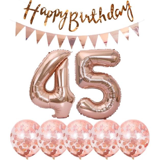 2 Balloons Number 45+ Haappy Birthday Garland + Rose Gold Banner Foil Balloon 45th Decoration+5 Confetti Boy Girl 45 Year Decoration
