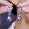 Luxury Romantic Purple Shining Brightly Full Zircon Leaves Pearl Pendant Dangle Earrings for Women Wedding Bride Charm Jewelry