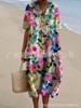 New Loose Casual Comfortable V-neck Digital Printing Pleated Large Version Dress