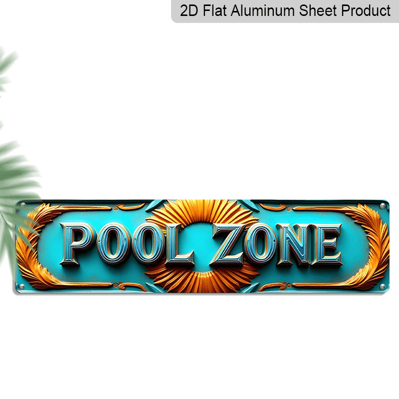 2D Flat, Large Turquoise & Golden Vintage Pool Zone Metal Sign - 15.7×3.94inch Retro Turquoise Blue Pool Table Wall Art with POOL ZONE Lettering