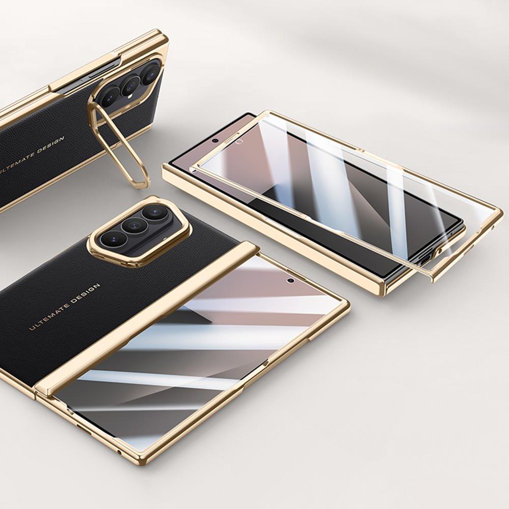 For Samsung Galaxy Z Fold7 5G Case Leather+PC Electroplated Phone Cover with HD Tempered Glass Film,Lens Kickstand