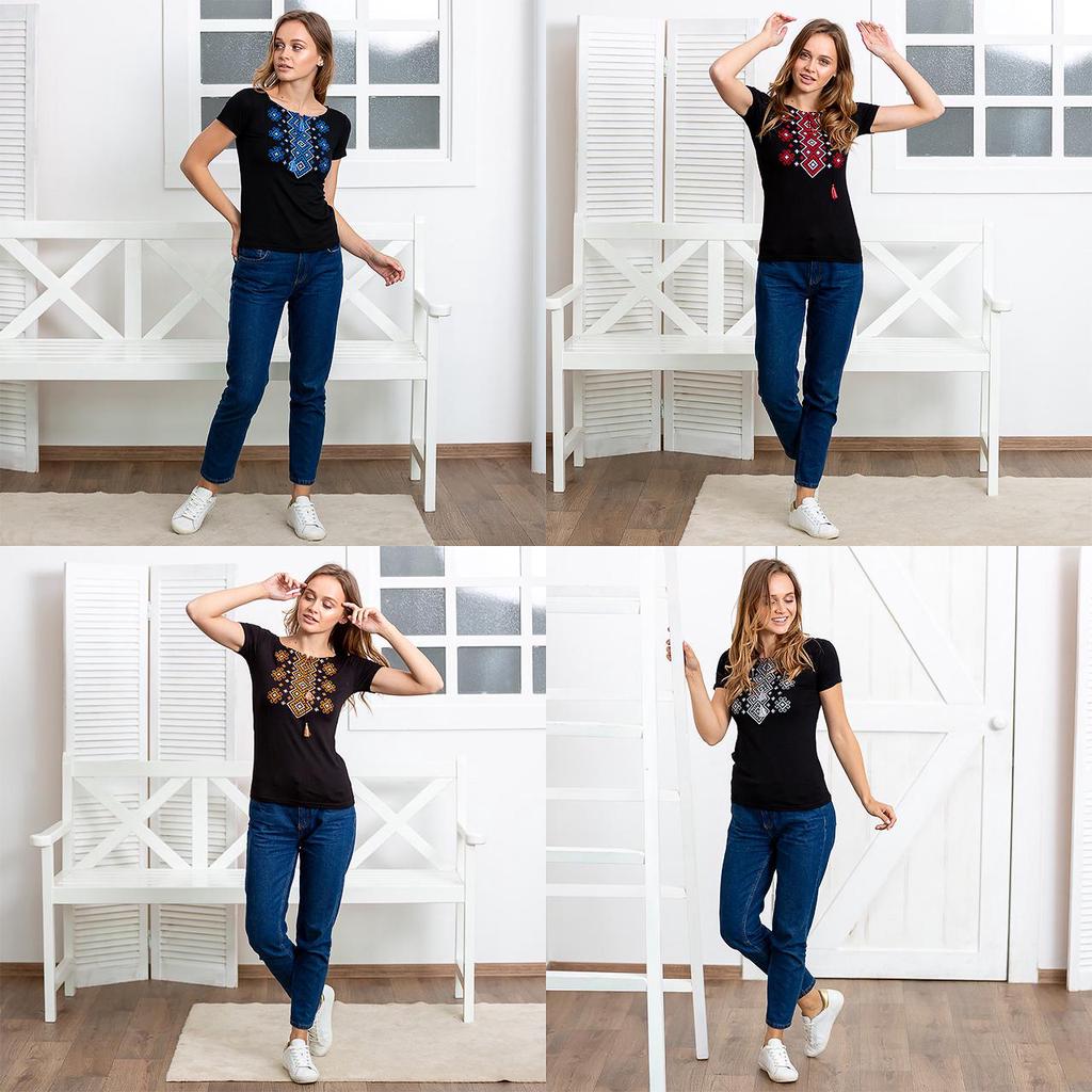 T-shirt feminina com bordado de ornamentos ucranianos.