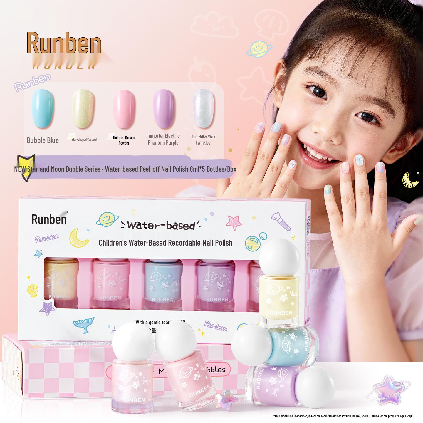 Runben Kids  Peelable Water-Based Nail Polish Set - Safe, Tear-Off, Non-Damaging Manicure Gift for Girls Set
