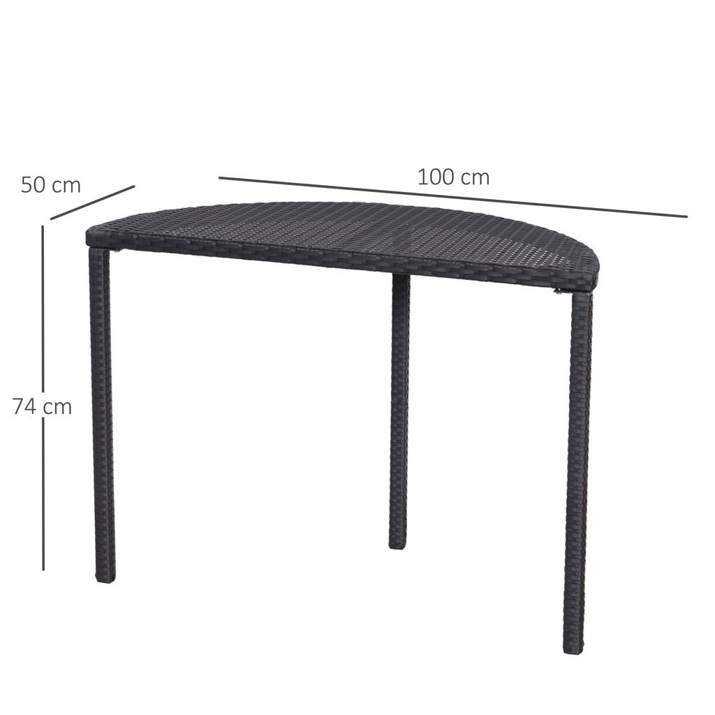 Balkontisch, Gartentisch, Gartenmöbel, Halbrund, Polyrattan, Metall, Schwarz, 100 x 50 x 74 cm