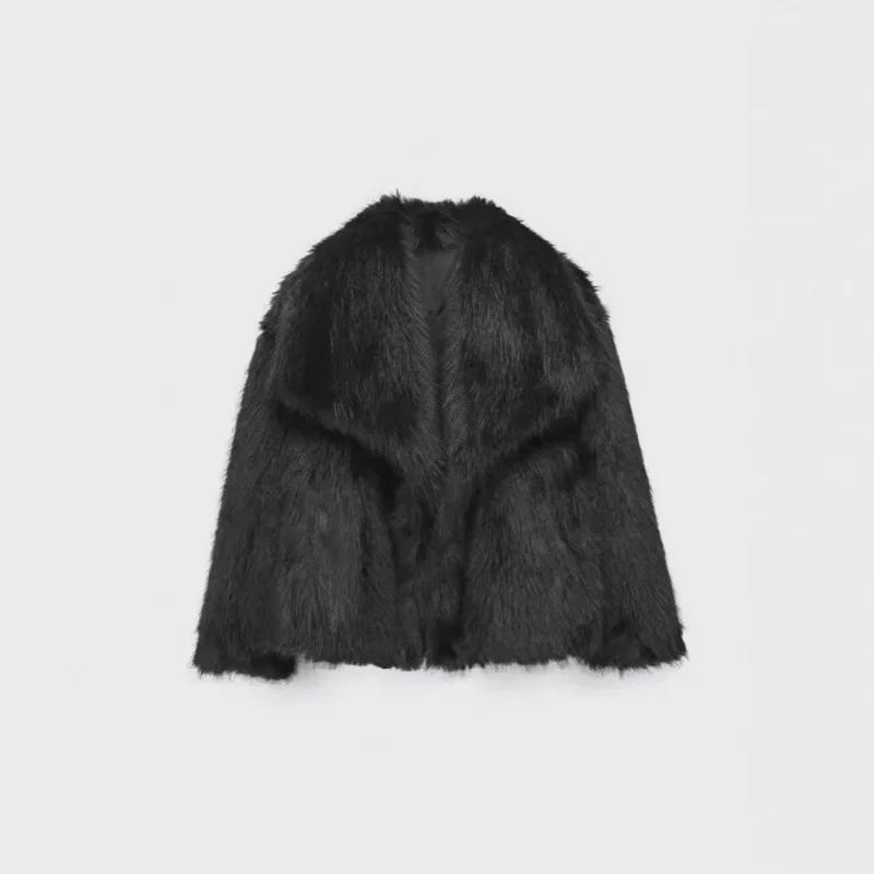 Women's Black Imitation Leather Lamb Wool Coat - Autumn/Winter 2024 Collection