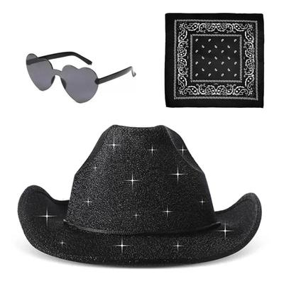 3 Stück/Set Bandana Glitzerpuder Denim Hut Breite Krempe Herz Sonnenbrille Western Cowboyhut 3 Stück/Set Einfarbig Rosa Cowboyhut