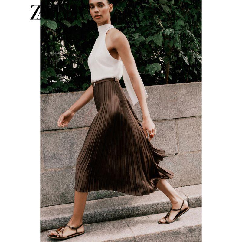 Zaprha 2025 Autumn New Fashion Small Pleated Patchwork Hanging Neck Collar Backless Midi Dress 8462335