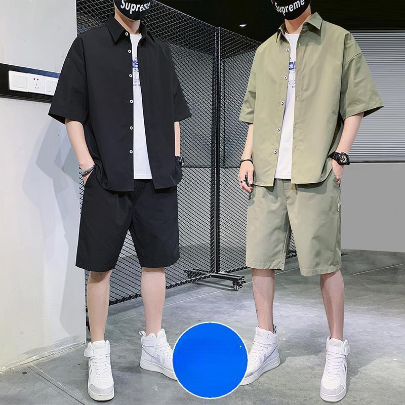 Camicie da uomo Set Camicia estiva a maniche corte tinta unita e pantaloncini da spiaggia Set sportivo da 2 pezzi