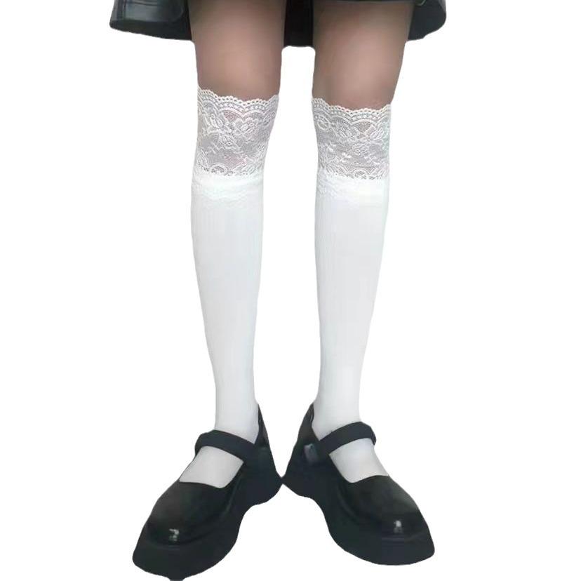 Lace Stockings Knee-Length Boots Autumn And Winter Pure Wind White Japanese Internet Celebrities Thickened Lace Knee Socks Women