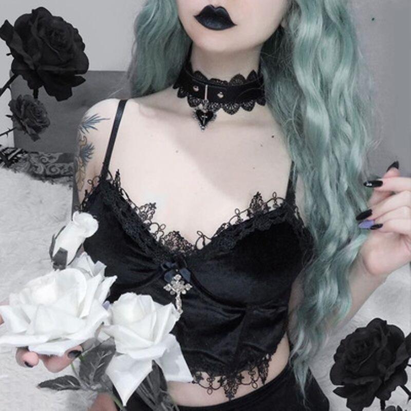 Koreanisches Samt-Camisole mit Spitzenbesatz und freiem Rücken für Damen