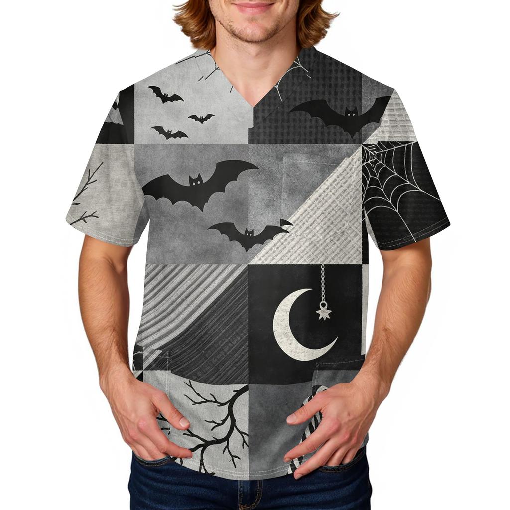 Men's Halloween Print Medical Scrub Top V Neck Pocket Design Comfortable Fit Daily Workwear for Healthcare Professionals