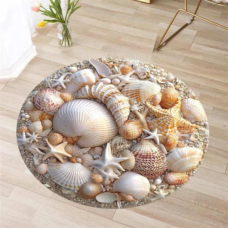 Bunter Muscheldruck Teppich Küstenkreis Wohnzimmerteppich Moderne Kunst Rutschfeste Fußmatte für Flur Wohnzimmer Schlafzimmer