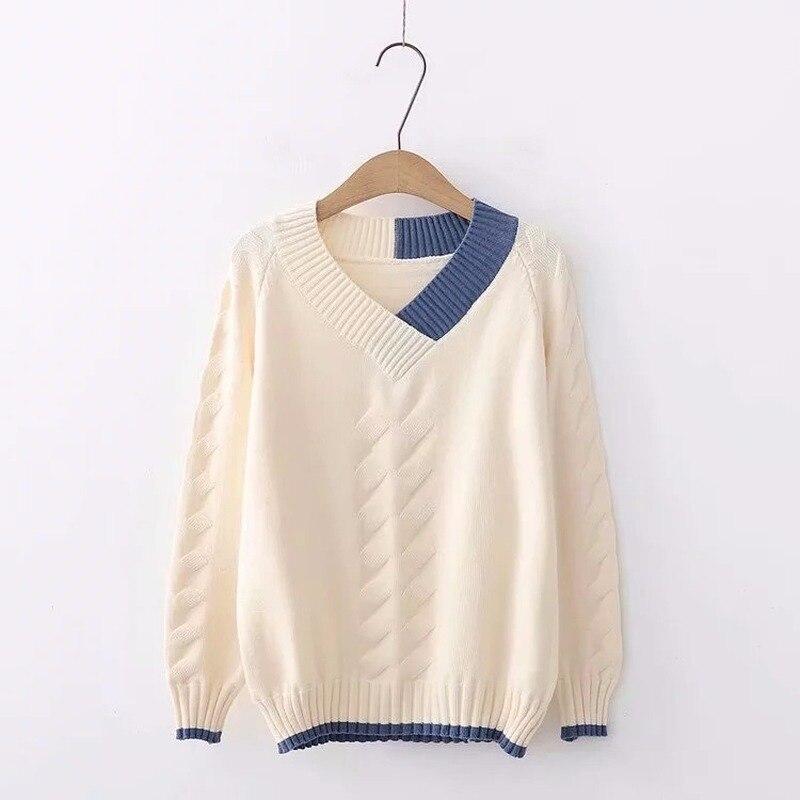 Knitted Sweater Female Long-sleeved Color Matching V-neck Sweater Women Pullover Spring