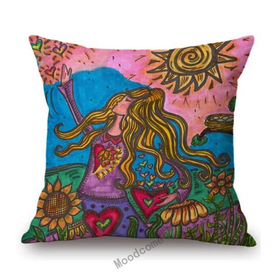 Cartoon Pop Art Hippie Modern Art Sun Girl Fashion Sofa Throw Pillow Case Cotton Linen Bench Cushion Cover Case