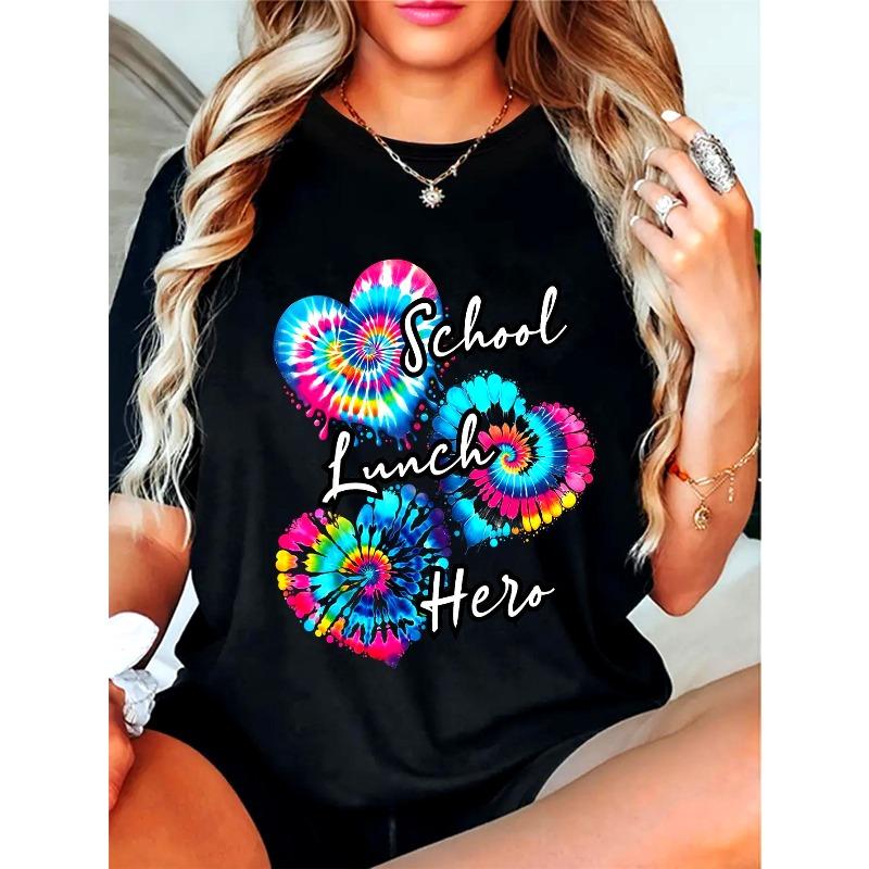 Plus Size - 1pc No Lunch Hero Squad Tie-Dye T-Shirt - Heart-Shaped Food Graphic, Neck Casual Tee, Vibrant Colors, All-Season Comfort S чёрный