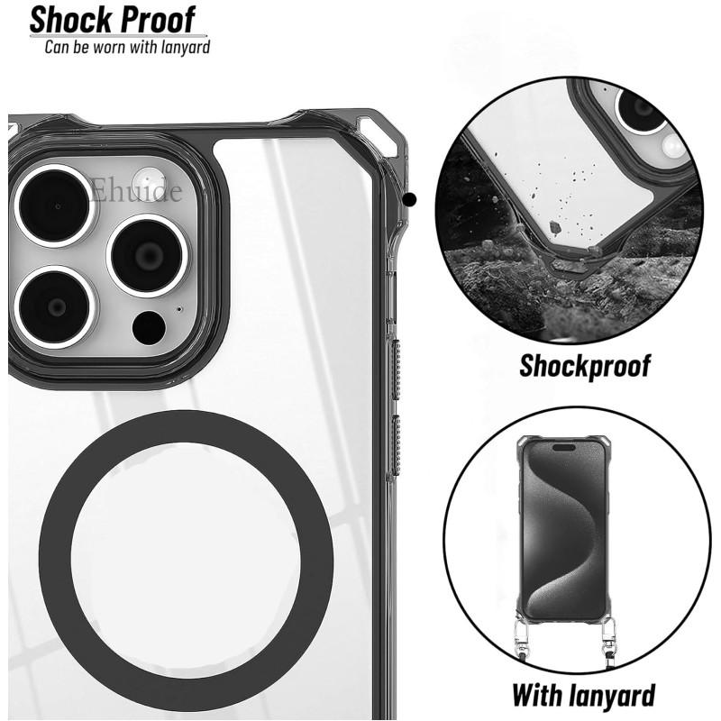 Shockproof Strap Case For iPhone 16 15 13 12 17 14 Pro Max Plus 16E Magnetic Crossbody Lanyard Cord Transparent Clear Back Cover