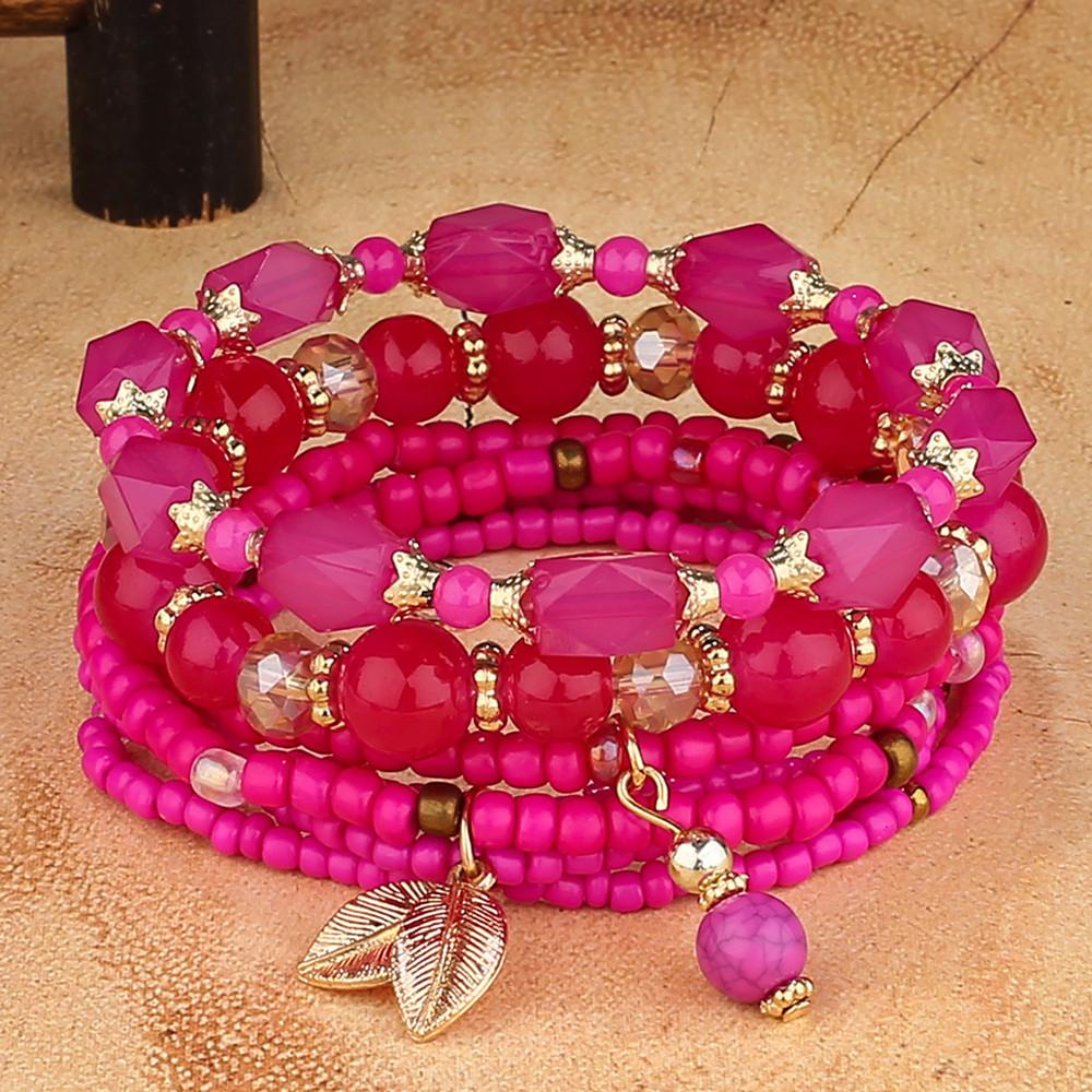 DIEZI Korean Ethnic Bohemian Crystal Beads Leaves Charm Bracelets For Women Girls Elastic Rope Wrap Bracelet Pulseira Feminina