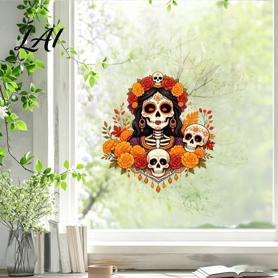 Unique Gift for Mexican Culture Fans Day of The Dead Window Clings Dia De Los Muertos Sticker Colorful Home Decor Sugar Skull with Flowers Halloween