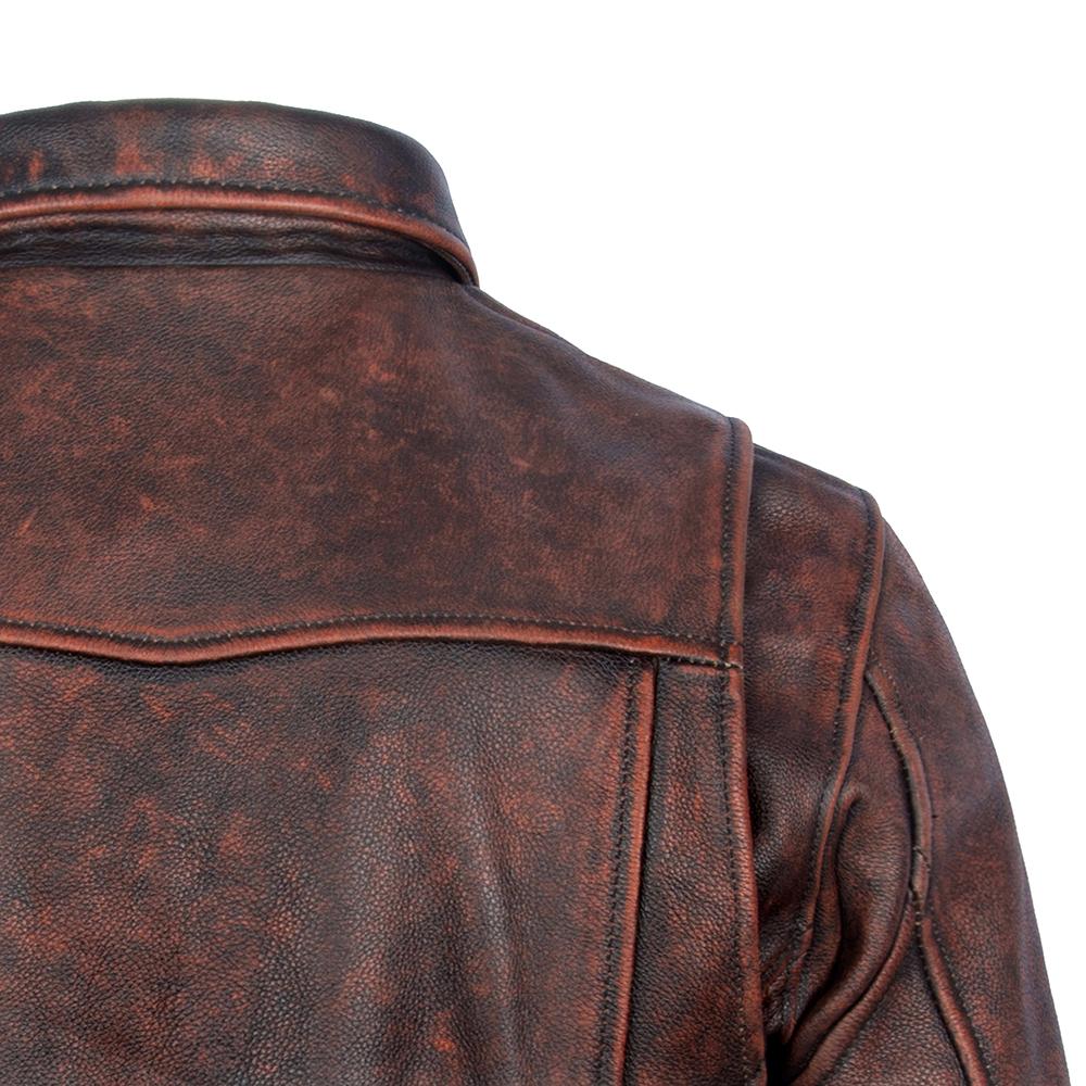 Men's Leather Jacket Vintage Red Brown Real Cow Leather CoatTurn Down Collar Spring Autumn