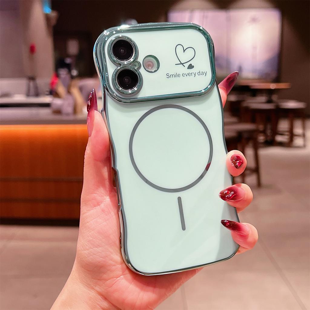 For iPhone 16 Magnetic Case Electroplating Wave Edge TPU Phone Cover Heart Pattern