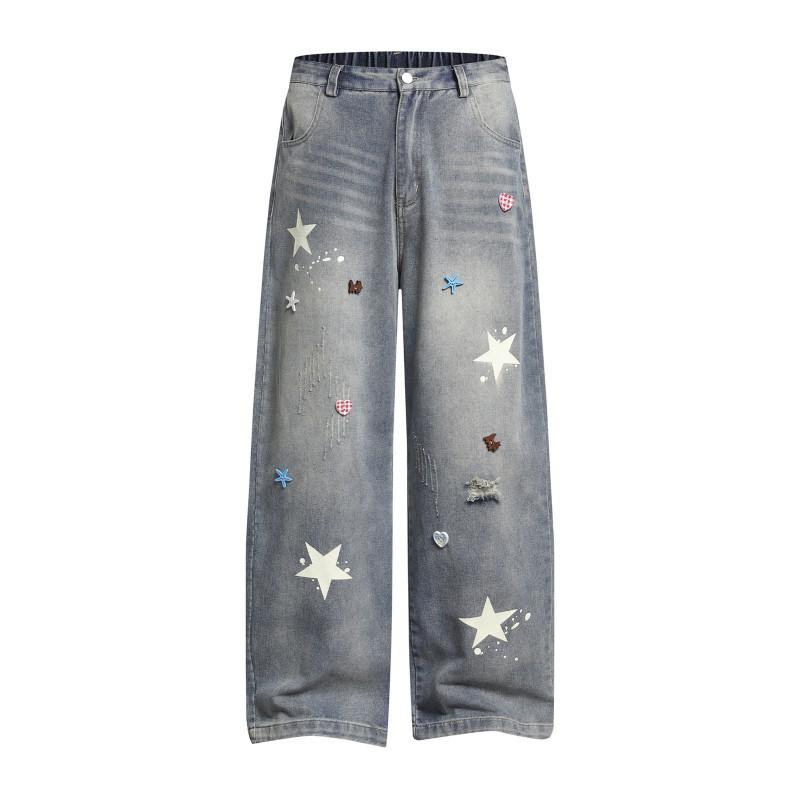 American Vintage Washed Distressed Jeans Loose Wide Leg 3D Buttons Unisex Casual Pants Teens