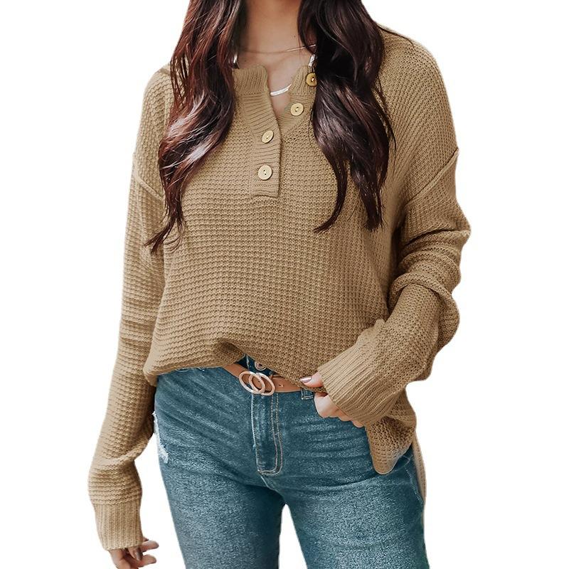 Damen Strickpullover mit langen Ärmeln, V-Ausschnitt und Knöpfen, lässiger Herbst-Winter-Stil, luxuriöses, entspannt sitzendes, figurschmeichelndes und vielseitiges Oberteil