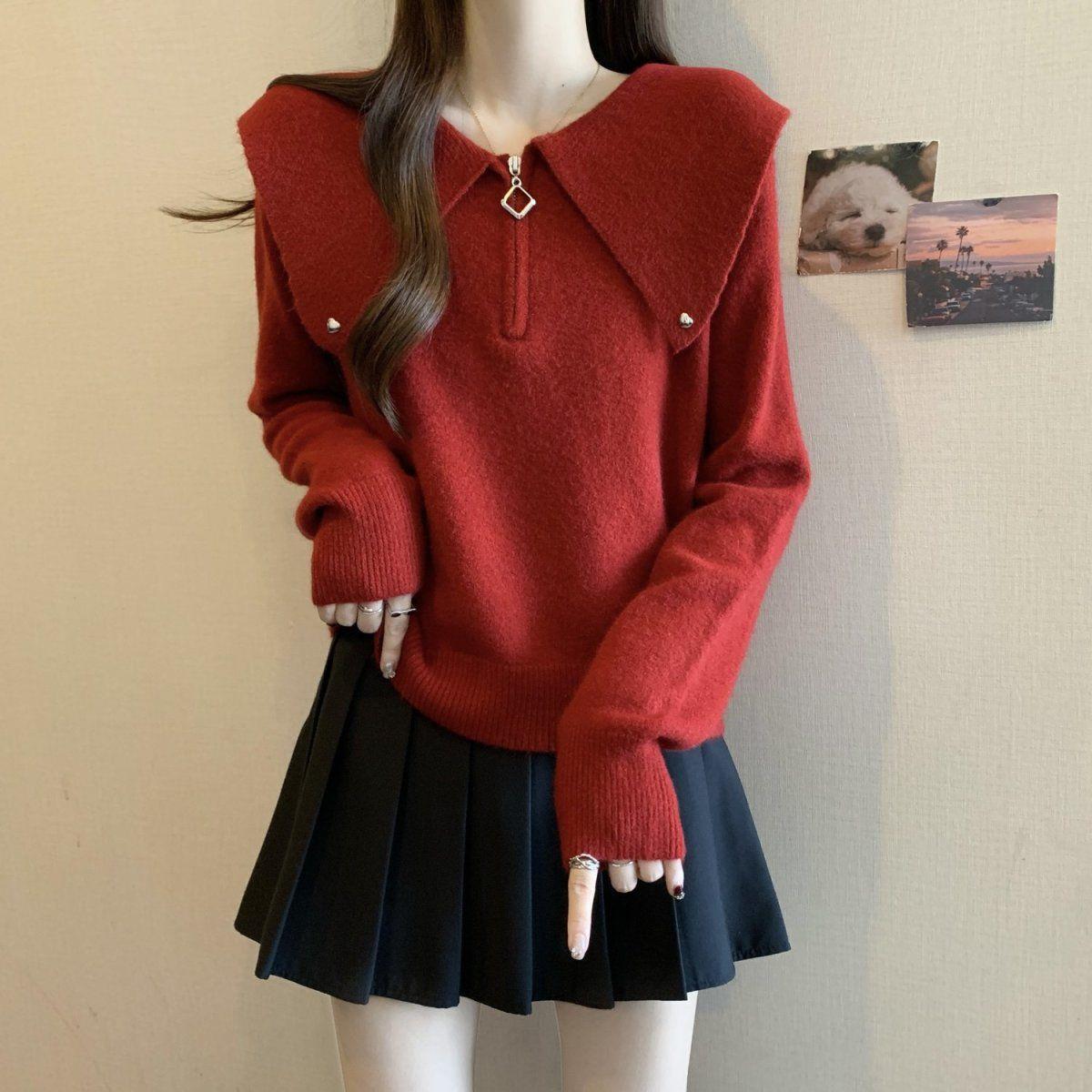 Plus Size Women s Fashionable Peter Pan Collar Knitted Sweater - Autumn/Winter Red Half-Zip Top XL