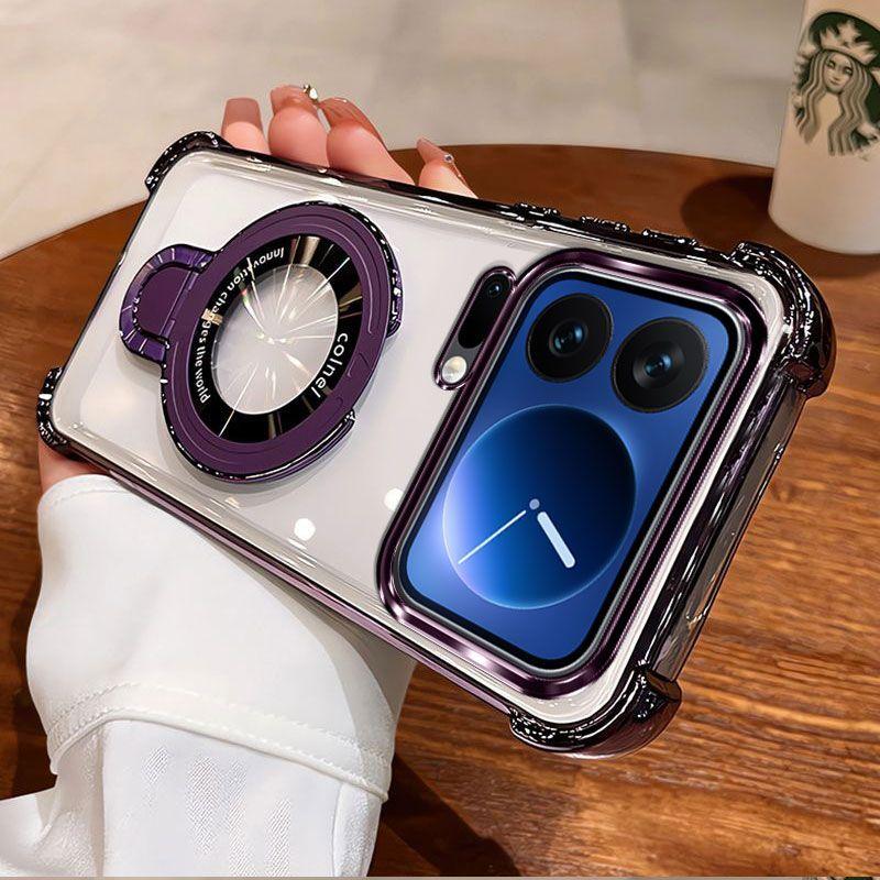 For Xiaomi 17 ProMax 15 T Pro 14T 13T PRO Transparent Plating Shockproof Magnetic Holder Case For Magsafe Gyro Stand Cover