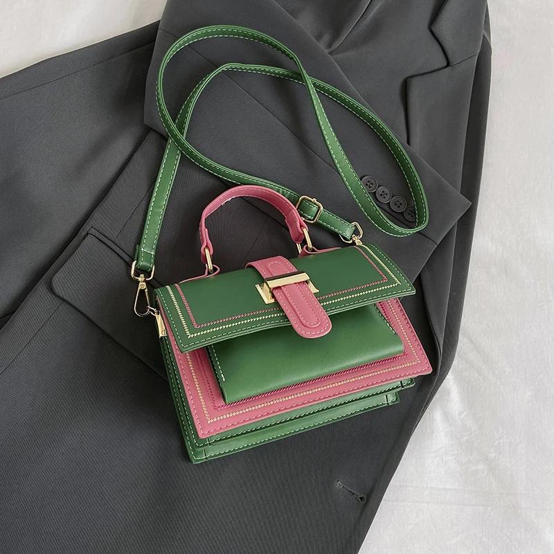 Contrast Color Pu Leather Crossbody Bag For Women Designer Handbag And Purse Top Brand Shoulder Bag Small Tote Green Small Bag