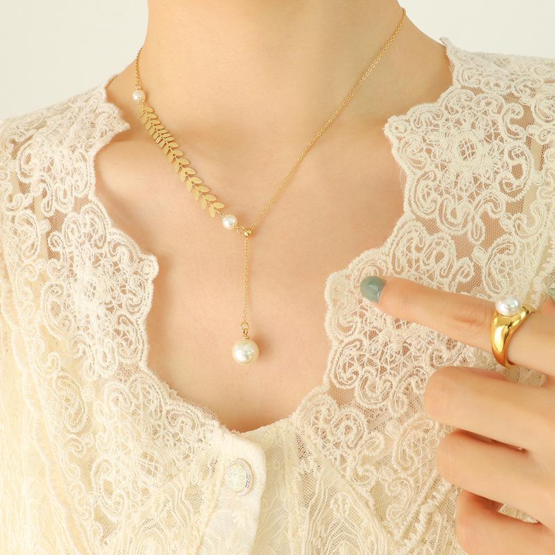 French Geometric Wheat Ear Pearl Jewelry Set: Necklace & Bracelet