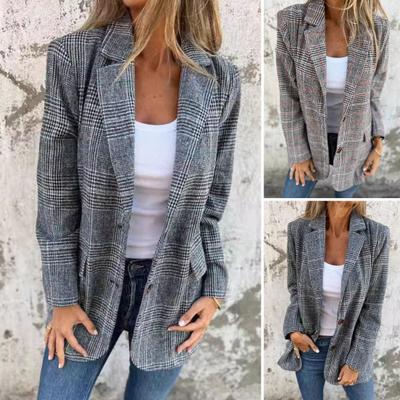 Women Fall Winter Plaid Jacket Button Closure Lapel Collar Mid-Length Suit Coat Vintage Casual Long Sleeves Top