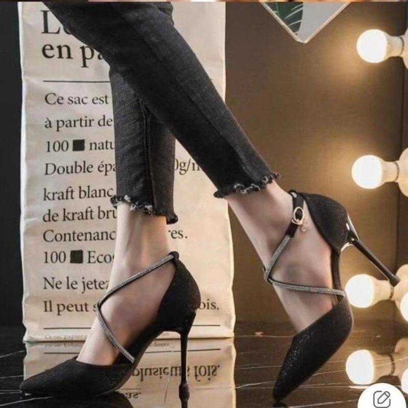 Fashion High-heeled Women's 2025 Spring and Autumn New Versatile Rhinestone Cross One-button French Girl Pointed Slim Heel Sandals