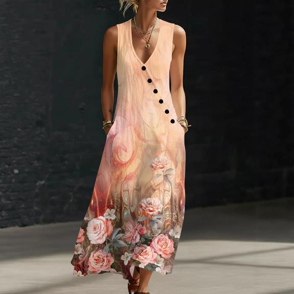Sommerkleider für Damen, fließendes, lässiges Midikleid, Strandkleid mit Taschen