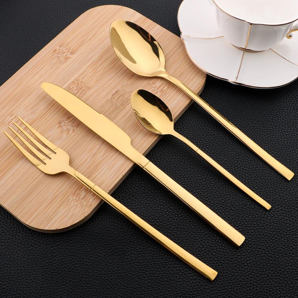 24Pcs Gold Tableware Sets Stainless Steel Cutlery Knife Tea Fork Coffee Spoon Flatware Dishwasher Safe Dinner Kitchen Dinnerware
