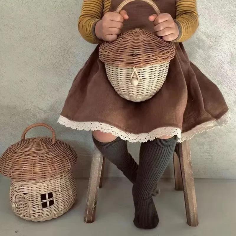 Cute Rattan Basket Hand Woven Mushroom Baskets Bag Beach Straw Storage Bags for Kids Organizer Box Summer Vacation Picnic Basket