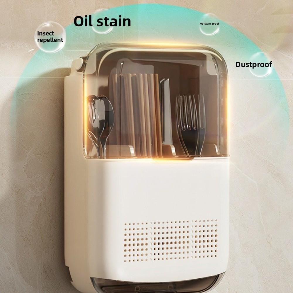 Wall Mount Kitchen Storage Box with Lid Dustproof Spoon Organizer Multifunctional Space Saving Chopstick Organizer