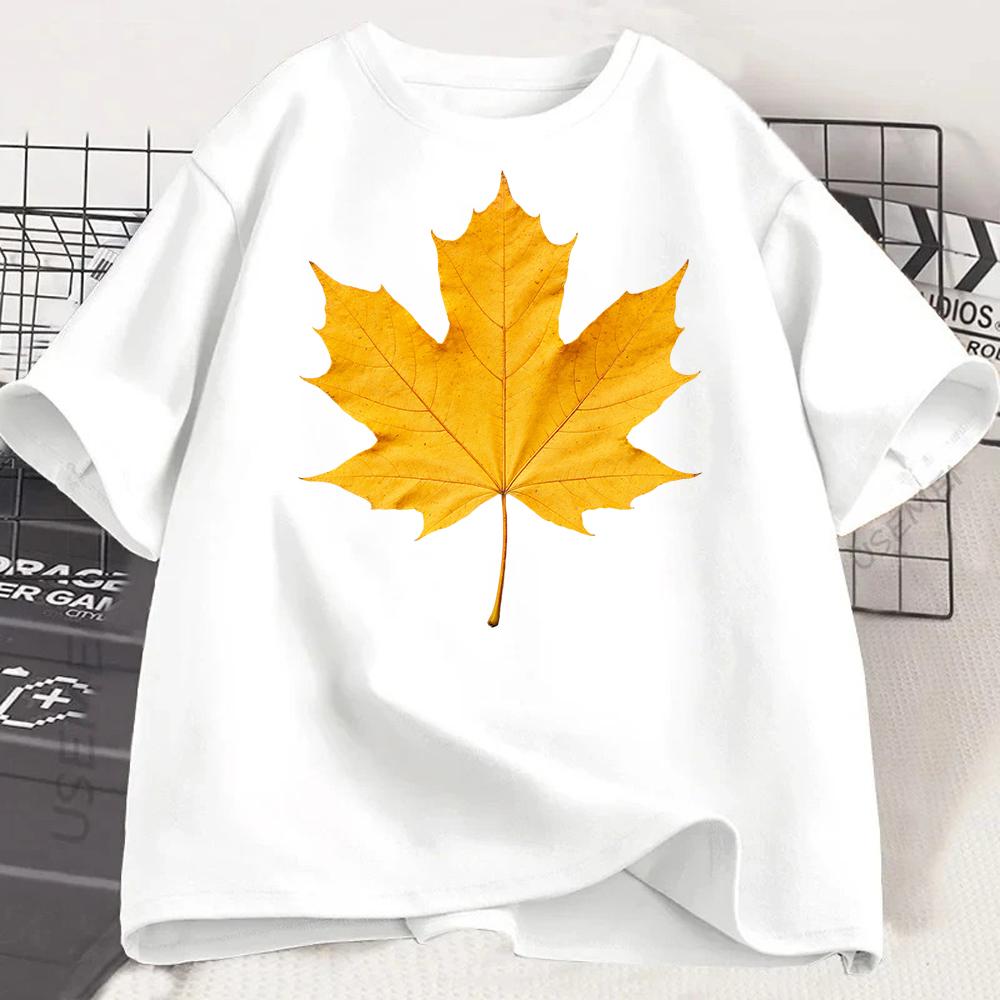 Autumn Yellow Maple Leaf Graphic TShirt Nature Inspired Casual White Tee Aesthetic Fall Leaf Print Shirt for Women Minimalist