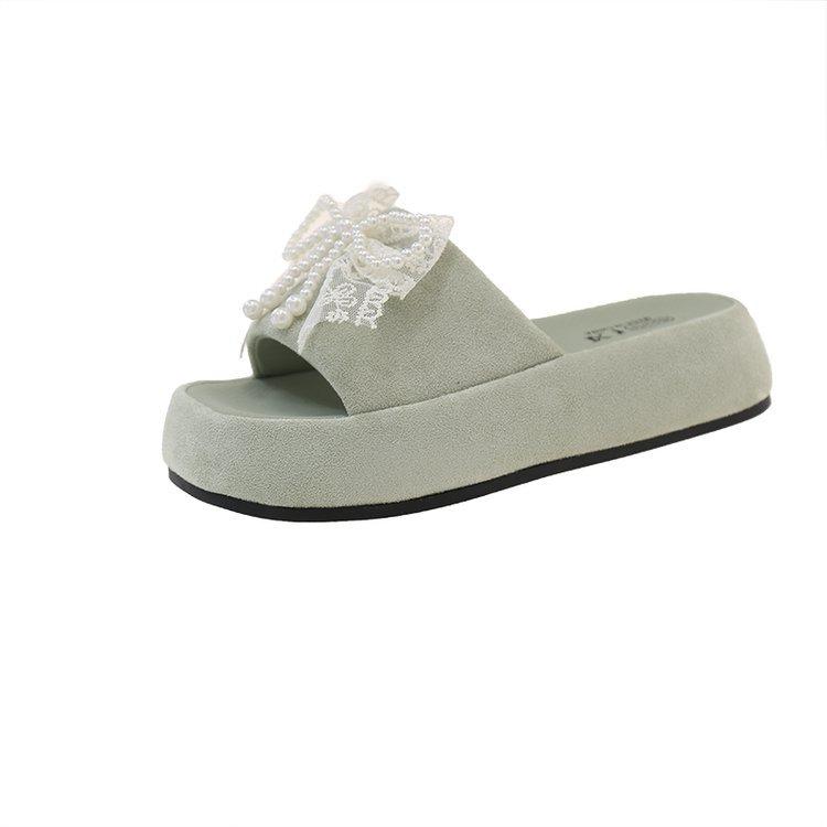 

[Youshilai] Thick-bottomed bow one-word women s 2025 summer new heightening open-toed beach sandals 40