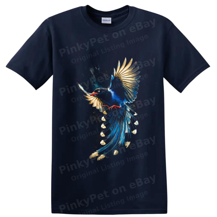 Camiseta Pájaro Urraca en Vuelo Azul Dorado Pluma Arte Amante de la Naturaleza Camiseta Gráfica