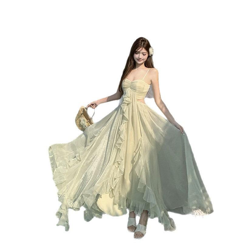 French Beautiful Green Mesh Tube Top Suspender Dress Women's Big Pendulum Long Dress Fairy Seaside Vacation Dress
