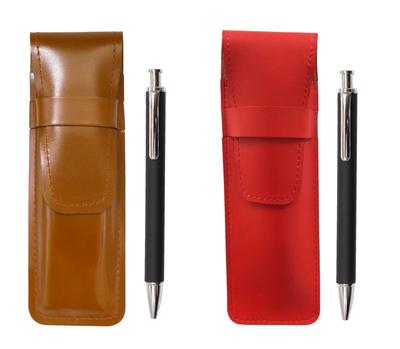 Slim Cowhide Pencil Case Red Brown Set Extruded Rubber Shaft Brass Knock Ballpoint Pen Black ASCR-HS301B