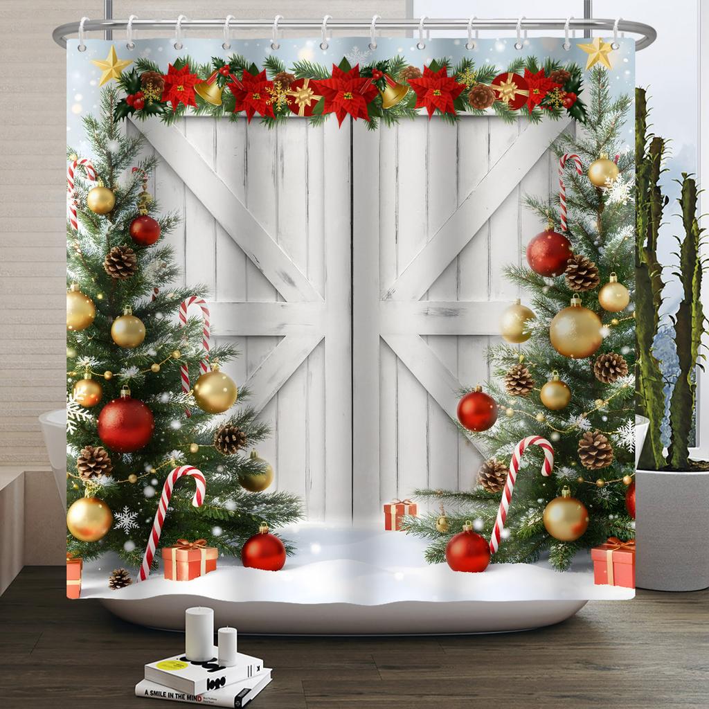 Christmas Shower Curtain Snowflake Snowman Winter Forest Bathroom Bathtub Decoration Waterproof Fabric With Hooks