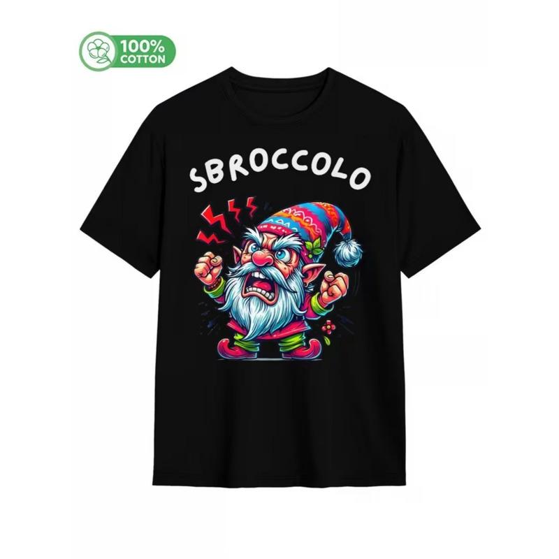 Funny Gnome T-Shirt With Italian "Sbroccolo" Text For Men And Women - Casual Round Neck Heavyweight Fabric Tee With Italian Text And Gnome Design,
