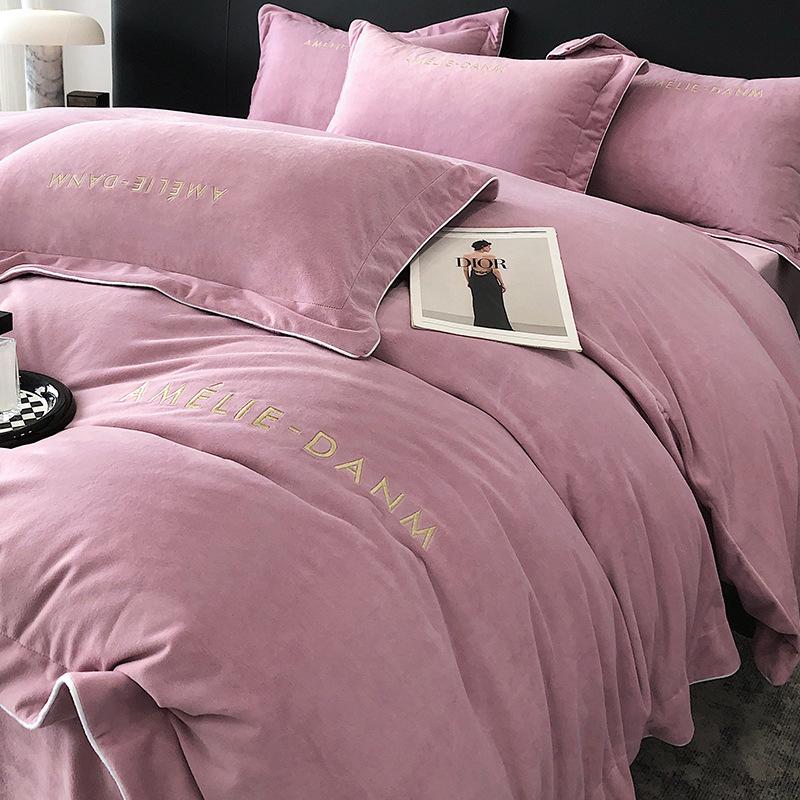 Class A baby velvet four-piece set baby velvet solid color embroidered milk velvet bed three-piece set flannel sheet quilt cover duvet cover